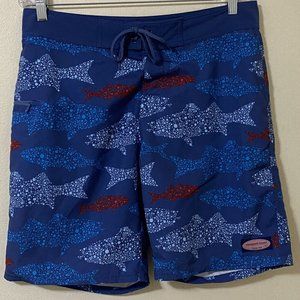 Vineyard Vines Men's Size 32 Shark All Over Print Board Shorts Blue Red Whale
